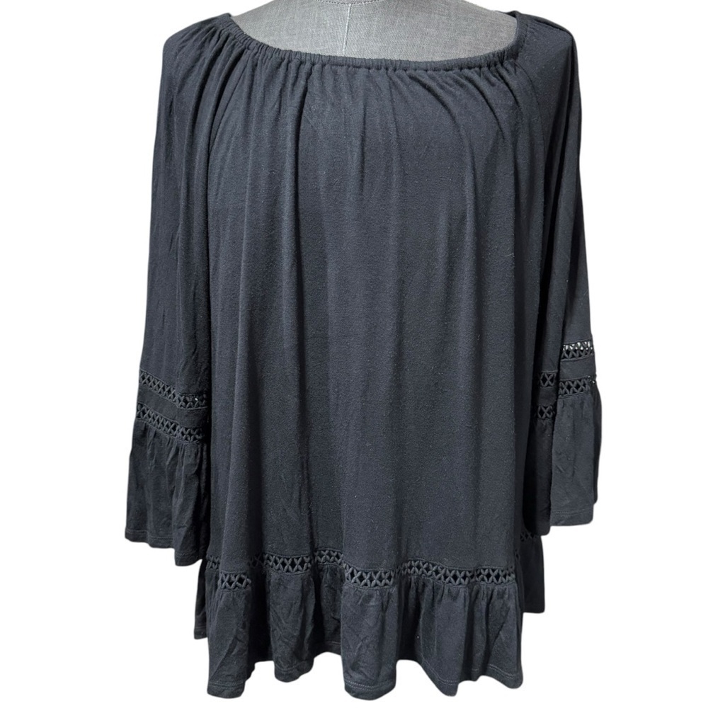 John Paul Richard Crochet Cut Out Flowy Knit Bell Sleeve‎ Top 1X Black Office